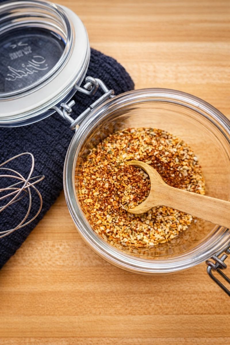 Homemade taco seasoning mix in a glass jar with wooden spoon on a light wood countertop, easy DIY taco seasoning recipe from scratch