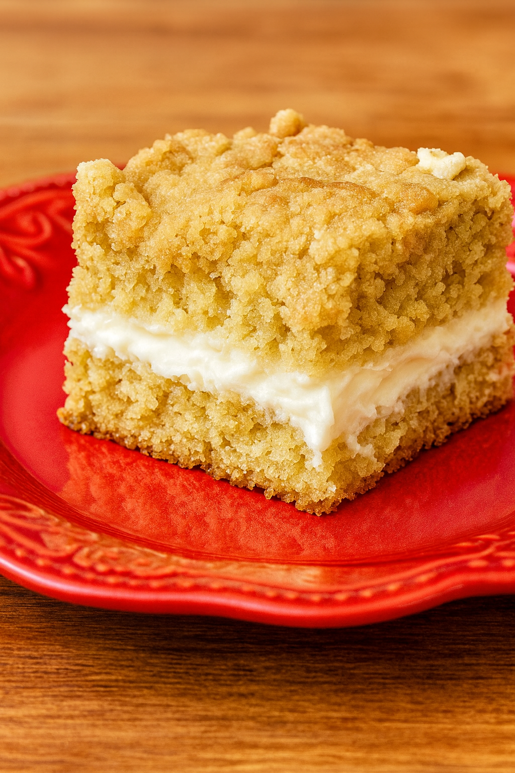 Slice of banana muffin cake with a creamy cream cheese layer on a bright red plate.