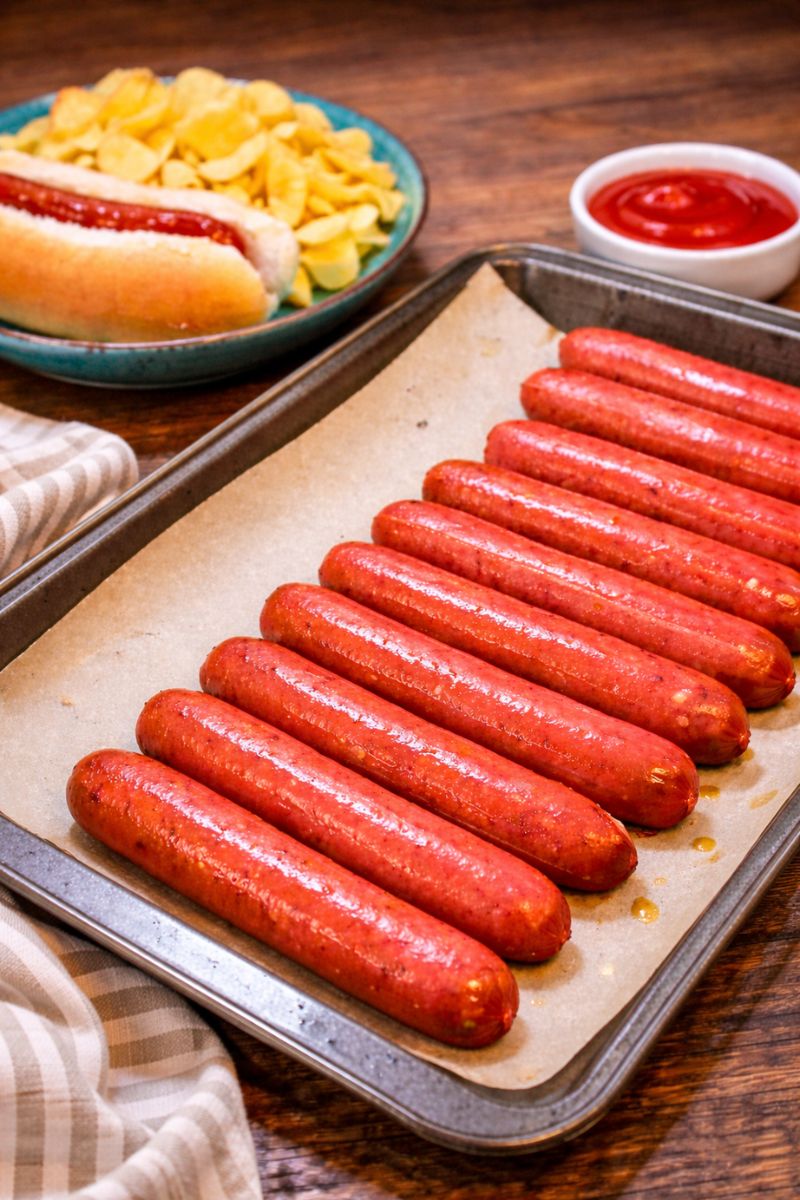 Sheet pan of oven baked hot dogs on parchment paper with a plate in the background holding a hot dog in a bun and potato chips, showcasing an easy weeknight dinner recipe idea.