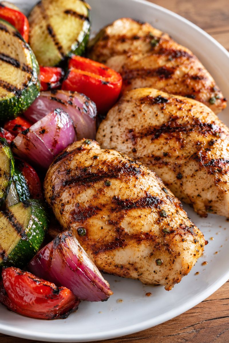 Close-up of healthy grilled chicken bites marinated in a simple homemade chicken marinade, cooked until golden brown and juicy on an outdoor grill. Perfect for meal prep, BBQs, and summer dinners.