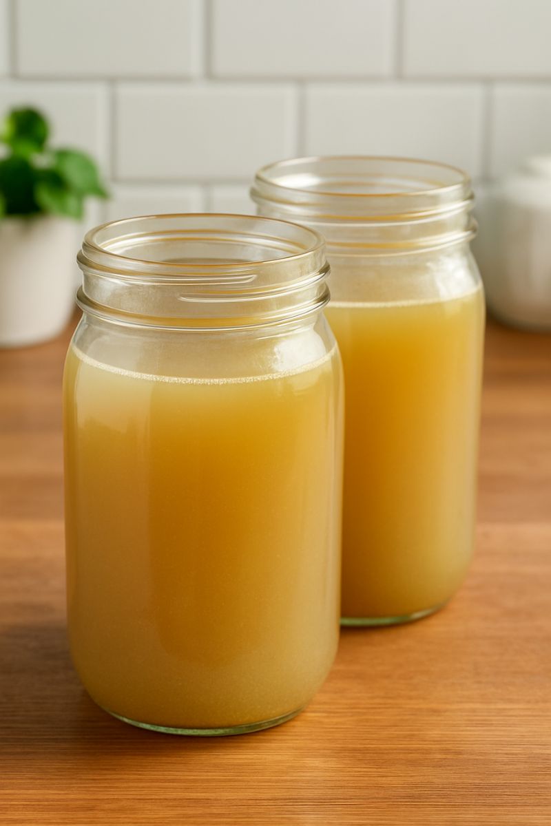 Two glass mason jars filled with golden homemade chicken broth sitting on a rustic wooden kitchen counter with a white tile backsplash, fresh and ready for soups, stews, or sipping.