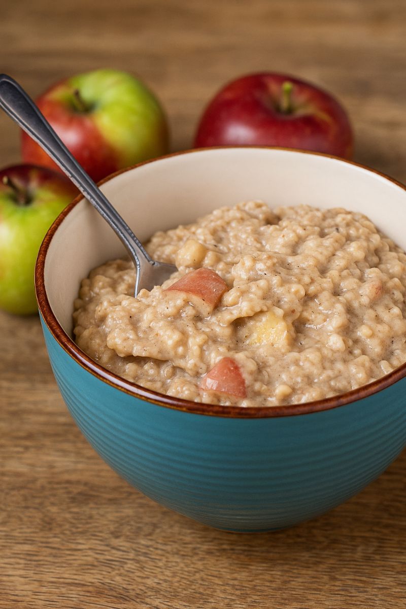 Warm bowl of creamy apple cinnamon oatmeal with chunks of cooked apples in a teal ceramic bowl on a wooden countertop with fresh apples in the background