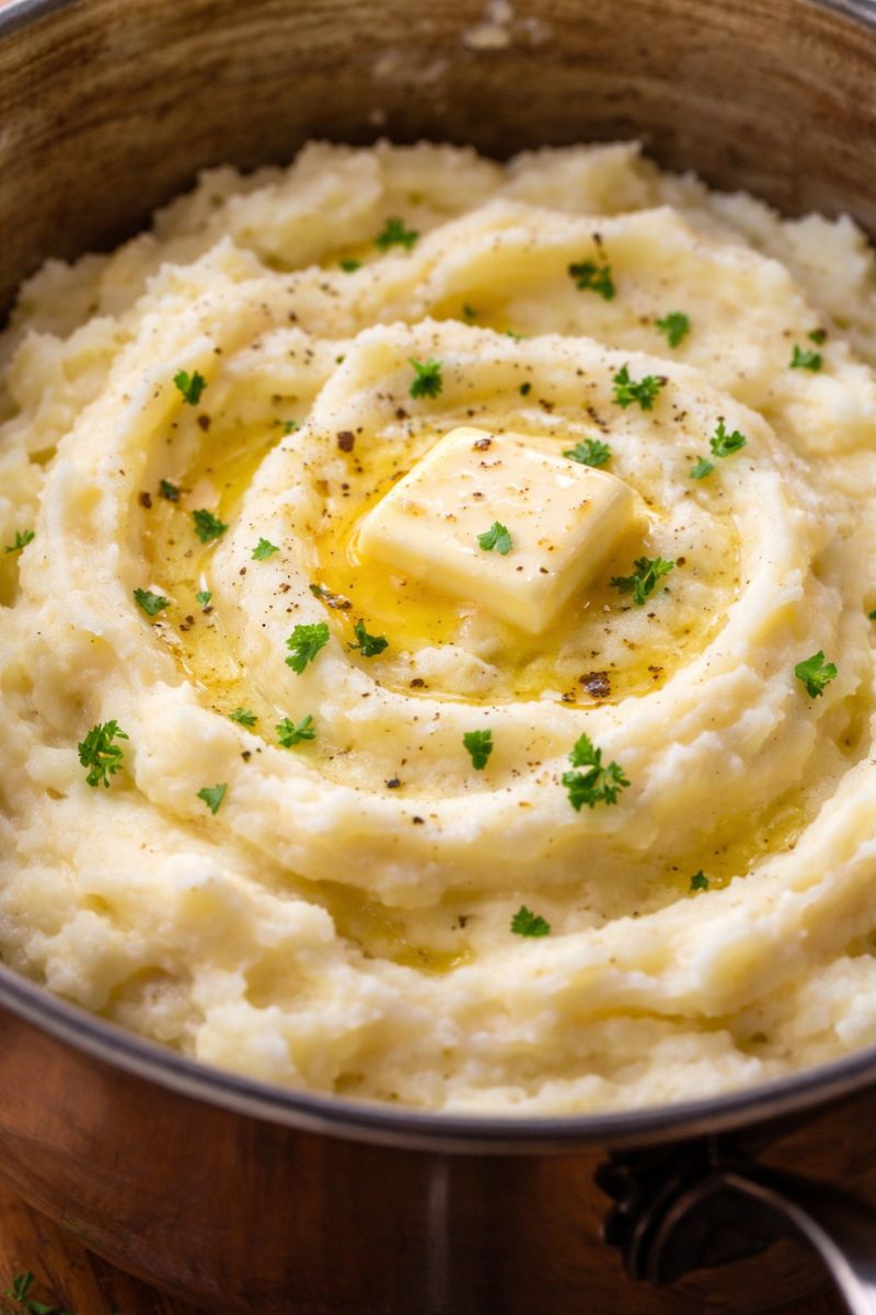 Creamy homemade mashed potatoes with butter melting in the center, sprinkled with fresh parsley and black pepper, served in a rustic bowl for a classic comfort food side dish.