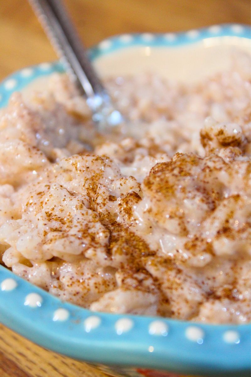 Light and creamy homemade rice pudding topped with cinnamon in a blue bowl, made with milk and sugar for a simple old-fashioned stovetop rice pudding recipe.