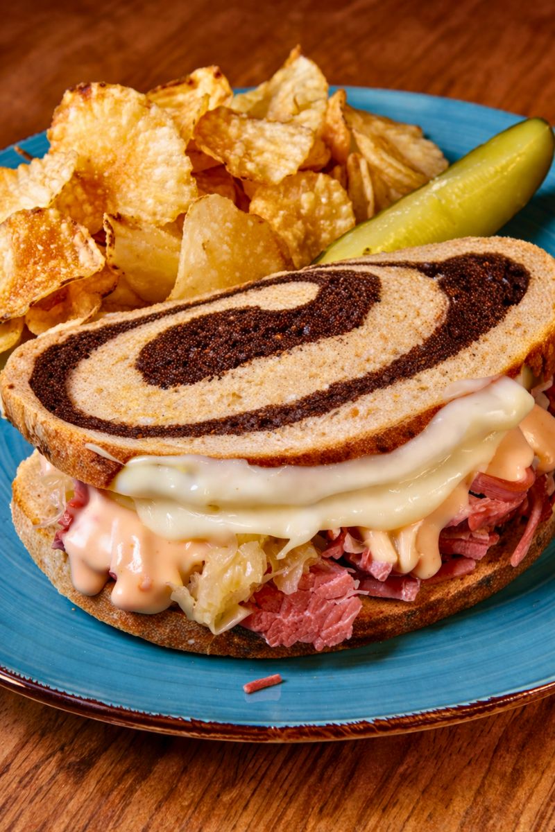 Reuben sandwich with corned beef, sauerkraut, Swiss cheese, and Thousand Island dressing on rye bread with kettle chips and pickle