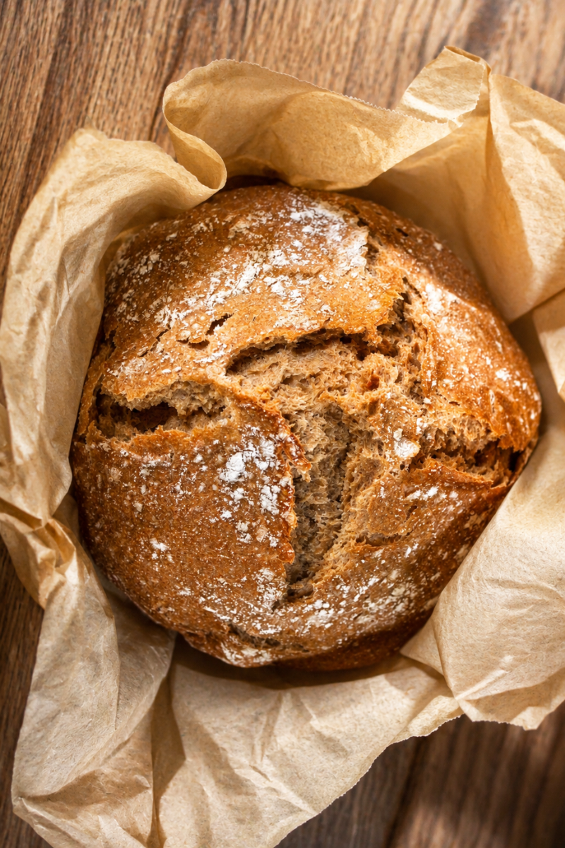 Freshly baked small whole wheat sourdough bread cooling in parchment paper on a rustic wooden table. Easy mini loaf recipe made with 100% whole wheat flour, featuring a crisp golden crust, rustic artisan texture, and naturally fermented sourdough.