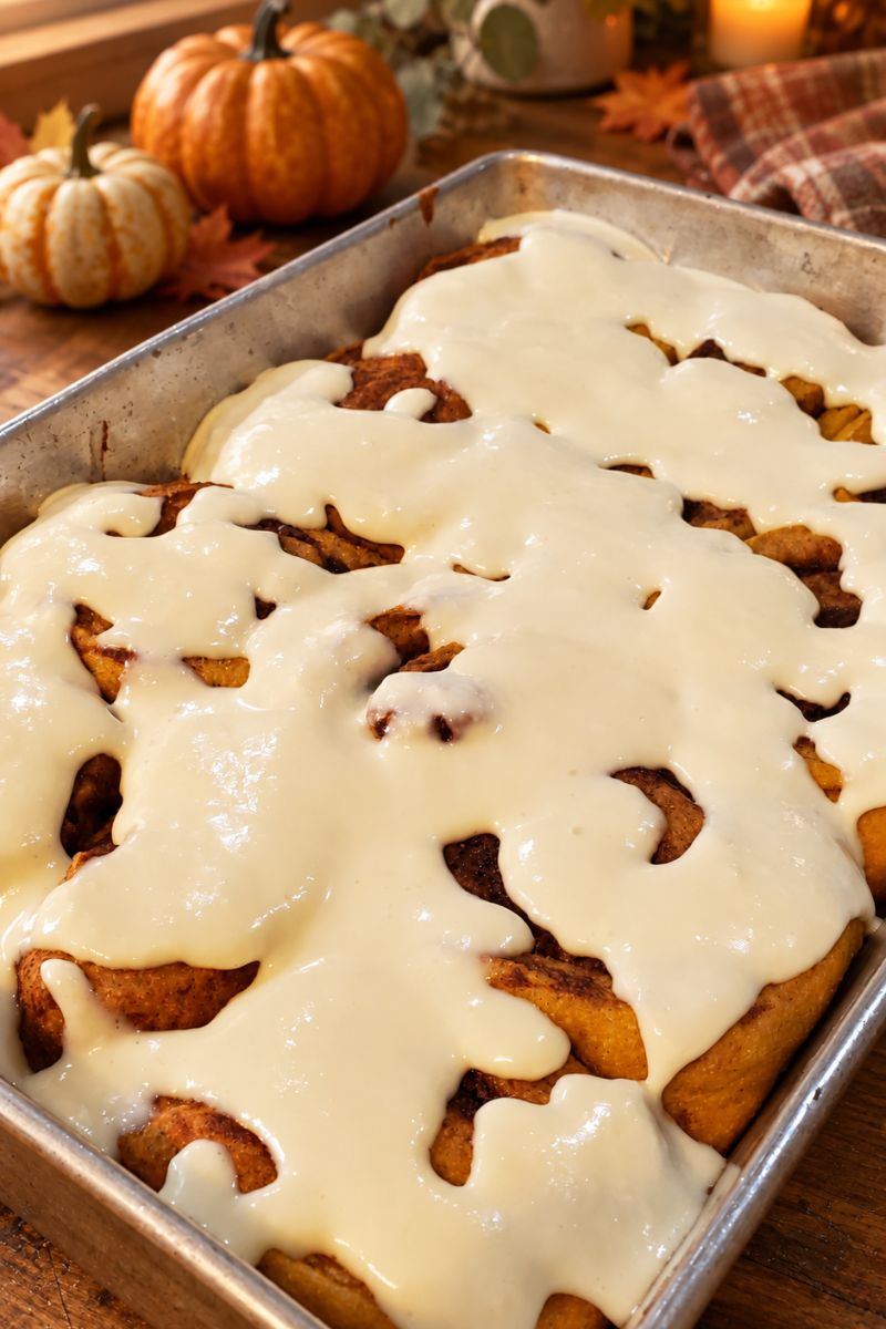 Honey-sweetened freshly milled pumpkin cream cheese cinnamon rolls topped with a creamy cream cheese drizzle in a cozy fall setting.