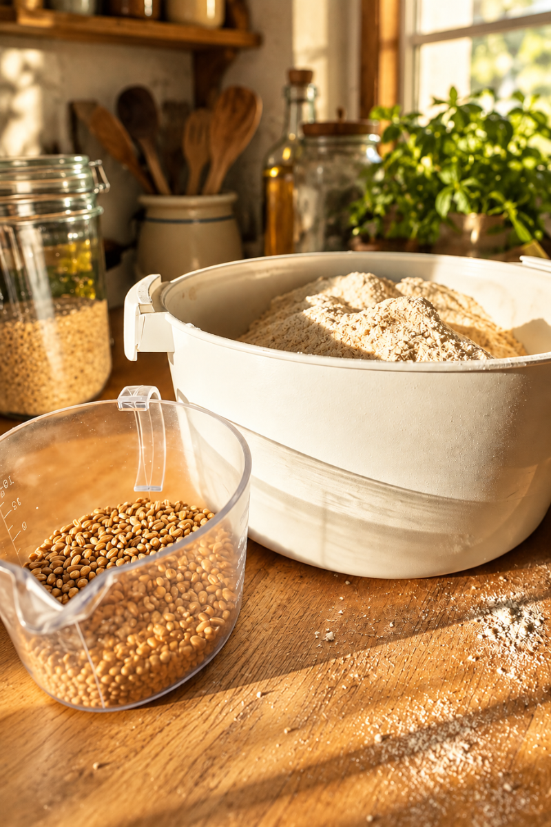 Freshly milled flour in a Nutrimill Classic canister and wheat berries in a measuring cup.